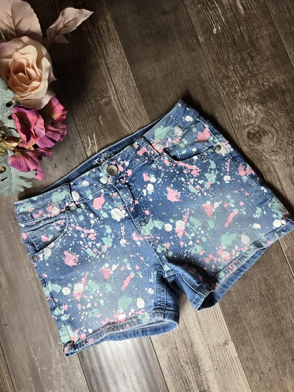 Justice Denim Upcycled Paint-Splatter Shorts in Blue with Pink & Mint Size 16R